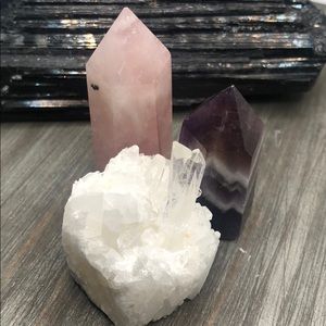 Rose Quartz and Amethyst Crystal Tower Set with White Quartz Cluster